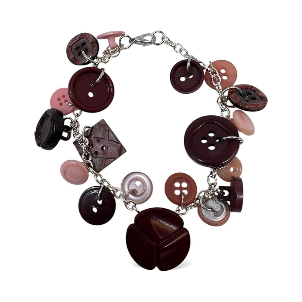 Vintage Button Charm Bracelet Pink &‎ Burgundy Buttons - 8.5 Inch